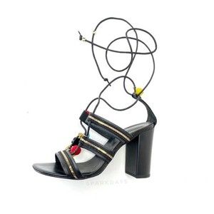 Italian Black Leather Pom Pom Charm Lace Up Euphoria Sandal Block High Heels